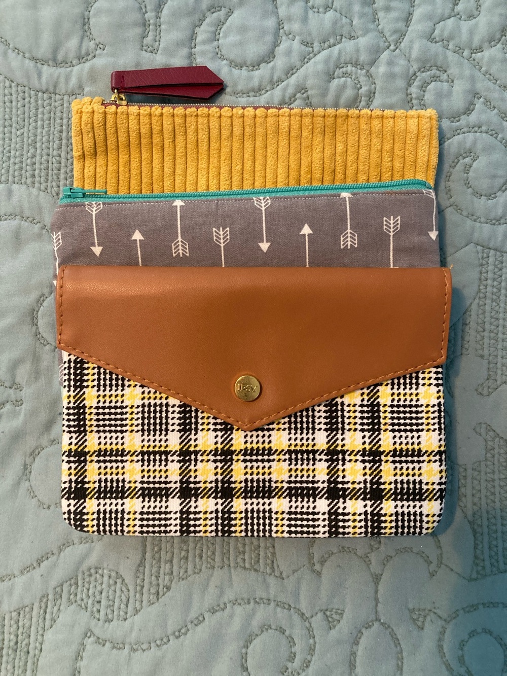 ipsy Yellow Mustard + Gray + Brown Plaid Cosmetic Pouch Set